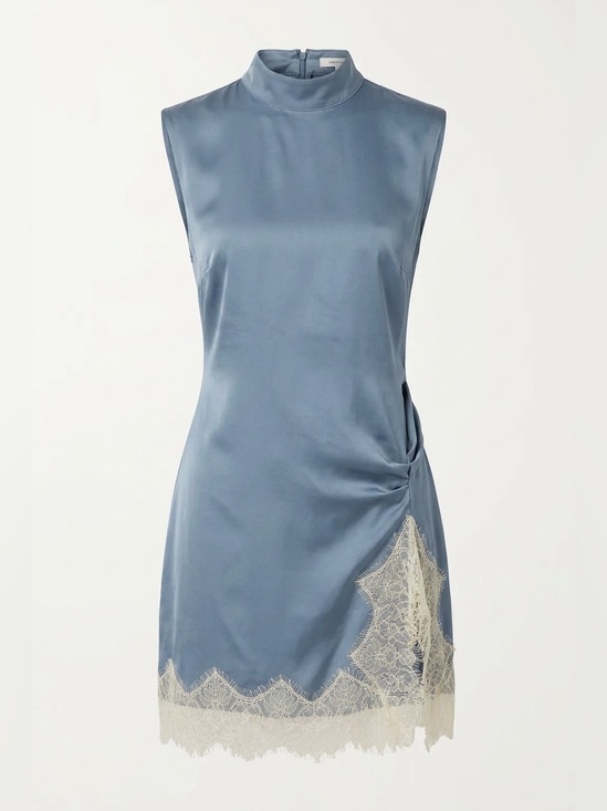 Zara Dresses & Skirts - 🍁ZARA Steel Blue Satin Dress with Lace Hem